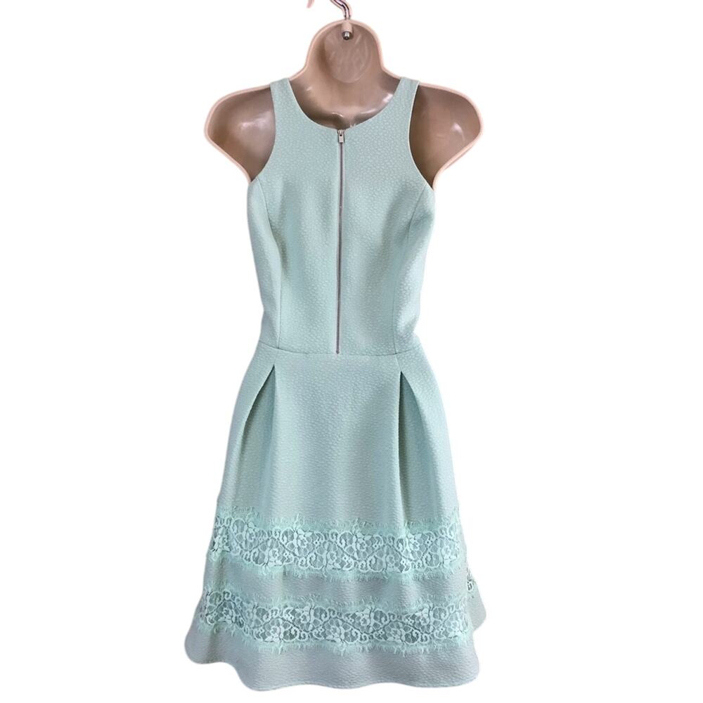 Express Fit & Flare Turquoise Sleeveless Dress Front Zip Pockets Lace Trim - Picture 7 of 16